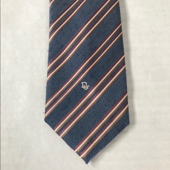 DIOR Tie Denim Blue Rose Tan Cream Skinny Striped - Picture 5 of 11